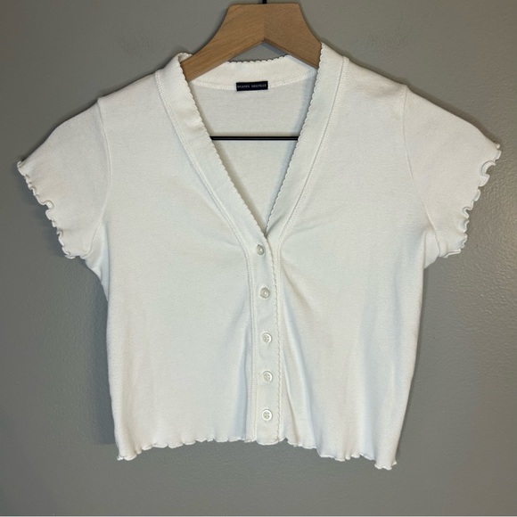 Brandy Melville White V-Neck Button Up Short Sleeve T-Shirt, One Size - Picture 3 of 8